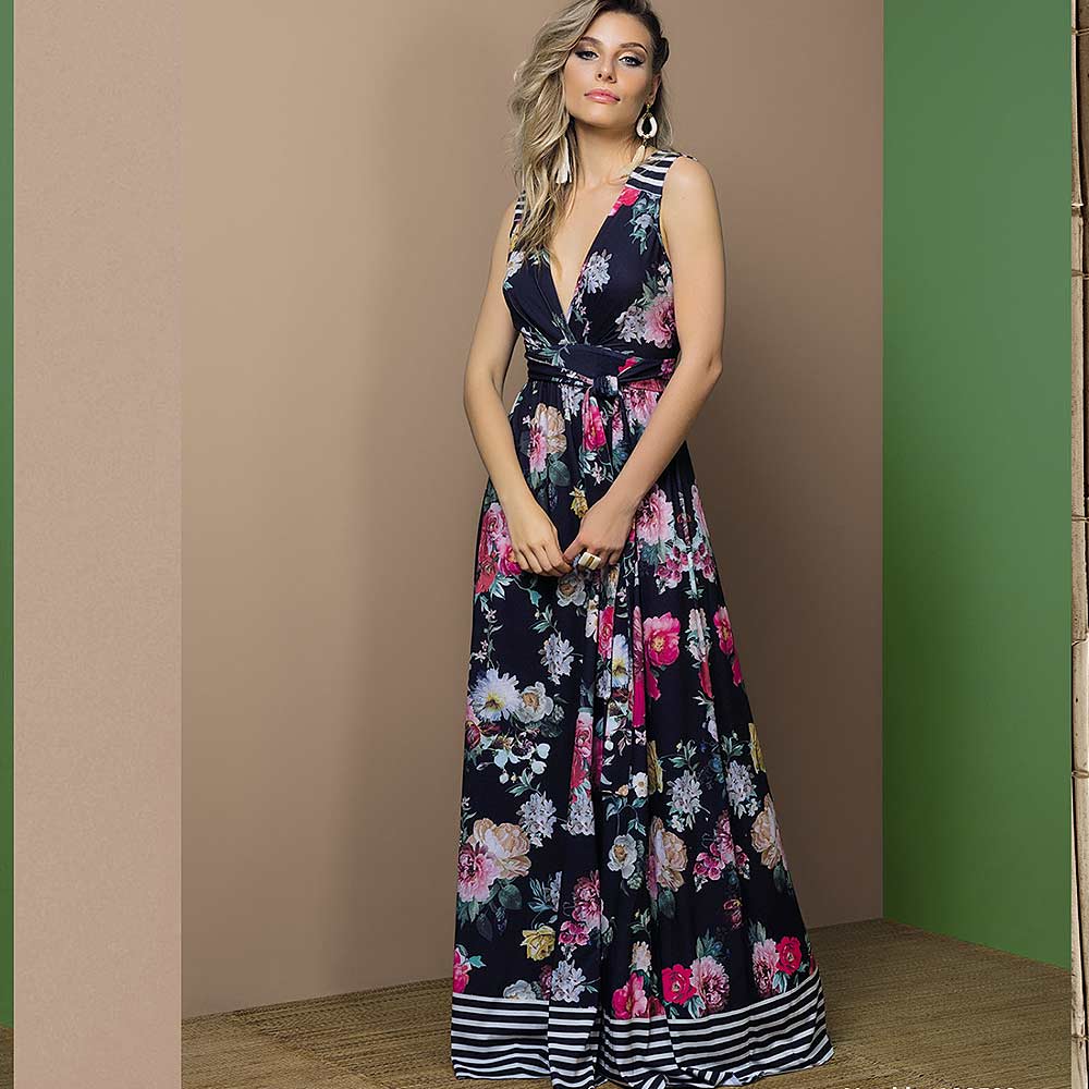 vestido preto florido longo