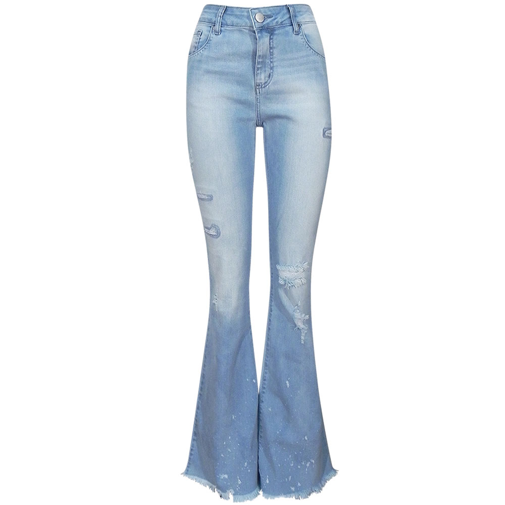 calça jeans flare desfiada