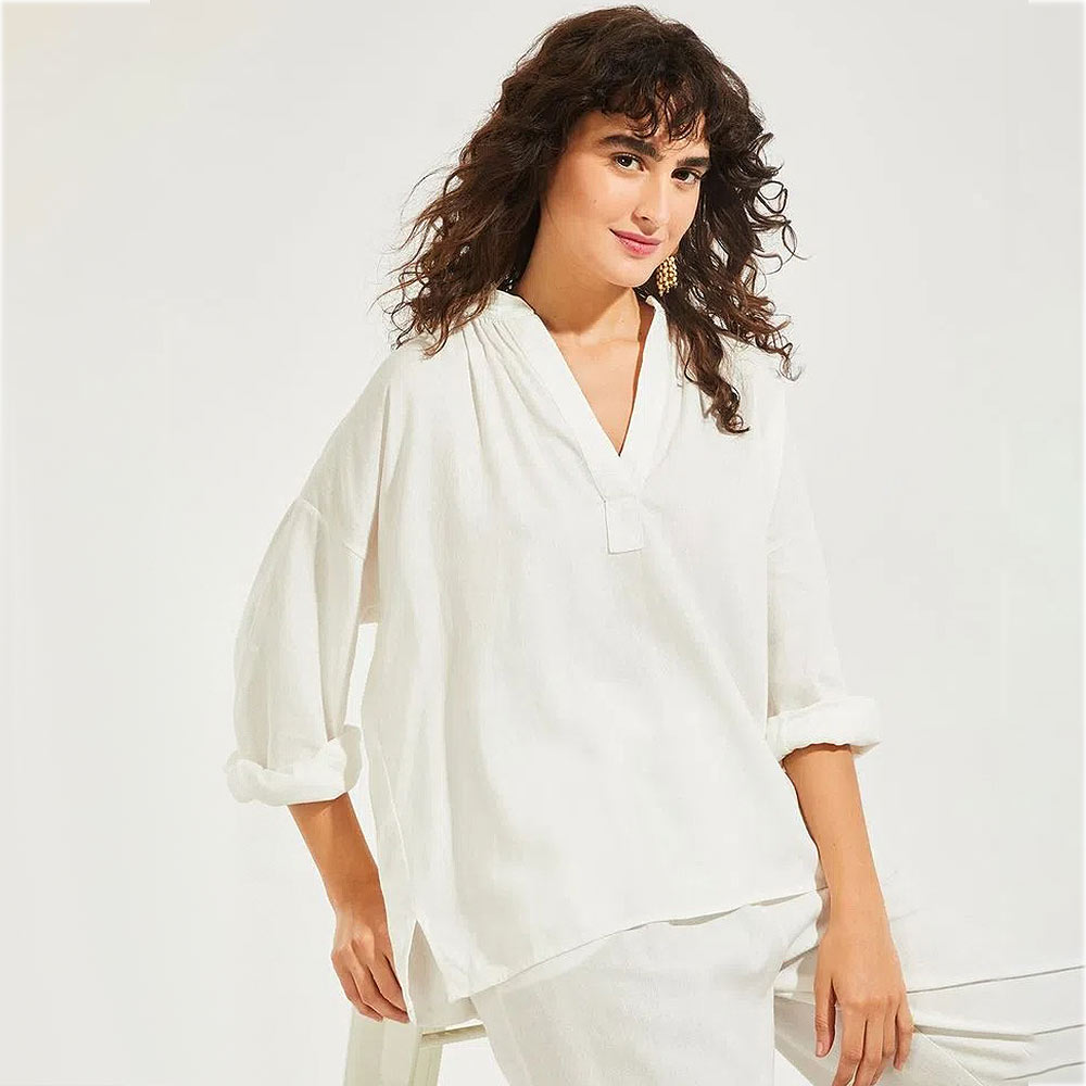 Tunica Linho Franzida Canto Off White - Foto 4