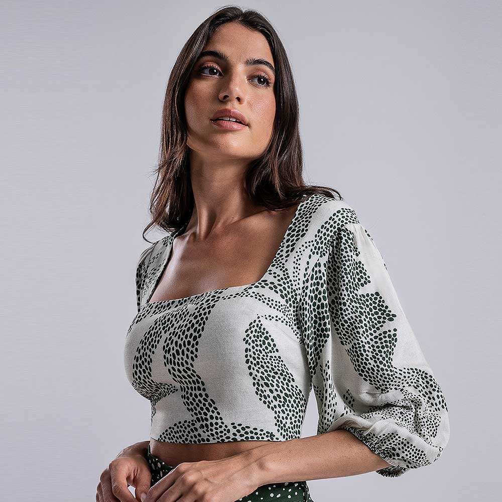 Blusa Cropped Viscose Manga Bufante Lez a Lez Cru - Foto 1
