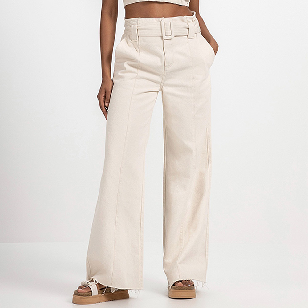 Calça Jeans Off White Wide Leg com Cinto Lez a Lez - Pole Modas