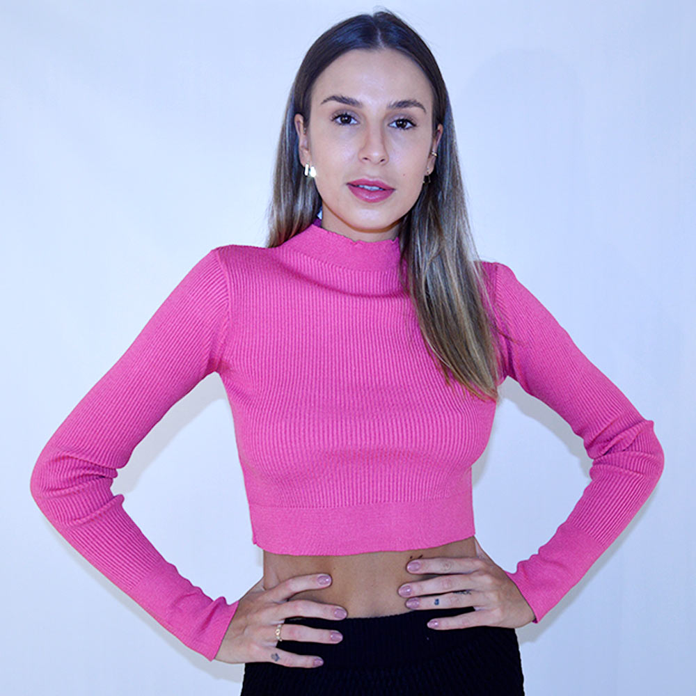 Blusa Manga Longa em Tric Cropped Lez a Lez Cor Rosa - Foto 1