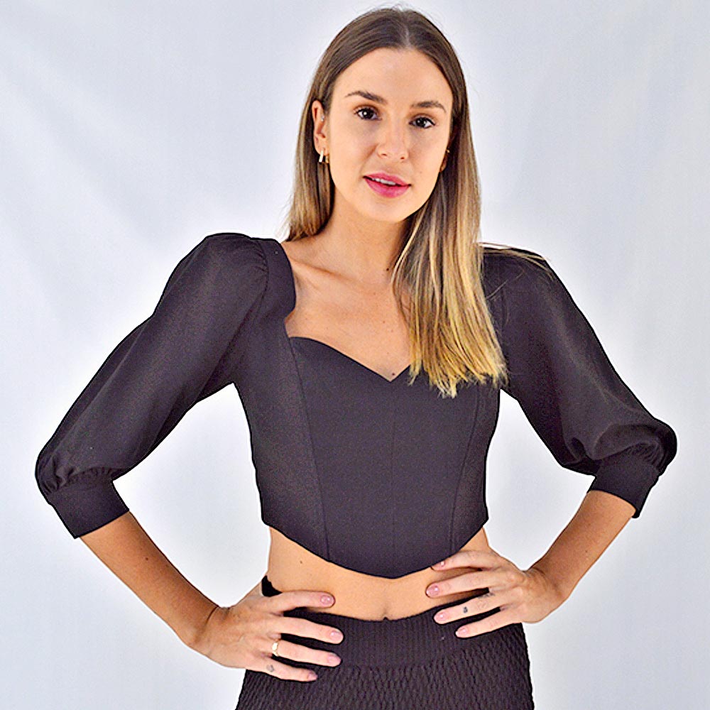 Blusa Cropped com Manga 3/4 Bufante Cor Preta - Foto 1