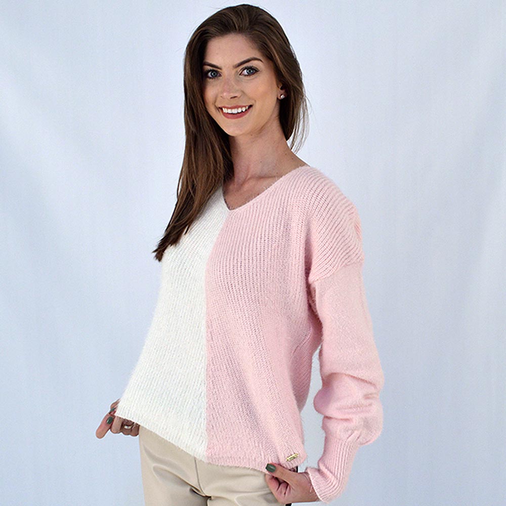 Blusa Tric Bicolor Rosa e Branco Malhas Cida - Foto 1