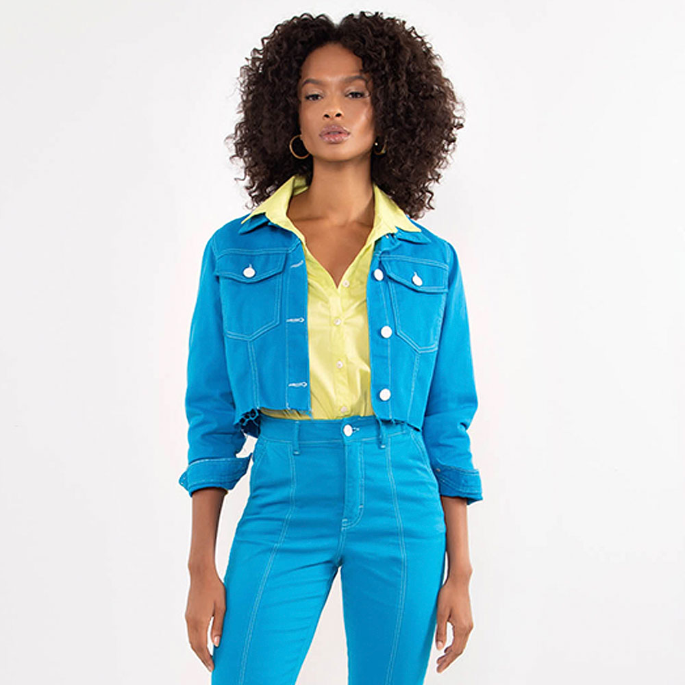 Jaqueta Trucker Cropped Azul Flor de Lis - Foto 1