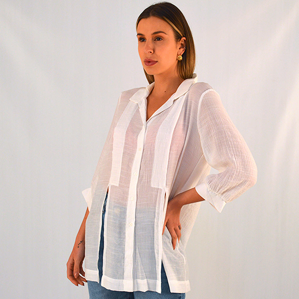 Camisa Shantung Viscose Off White Gatos e Atos - Foto 1
