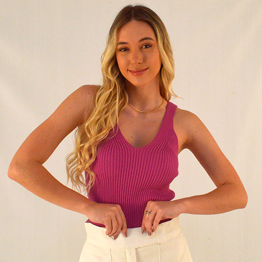 Blusa Regata Trico Justa Pink Flor de Lis - Foto 1