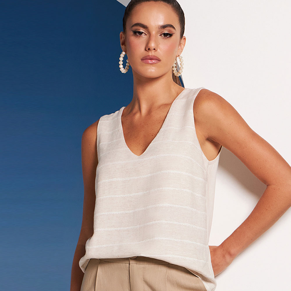 Blusa Regata Up Light Viscolinen Cru Estampado Gatos e Atos - Foto 1