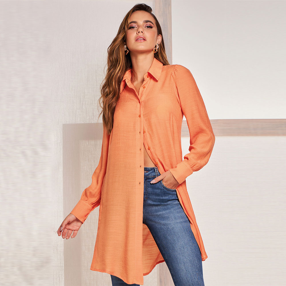 Camisa Shantung Viscose Cor Laranja Gatos e Atos - Foto 1