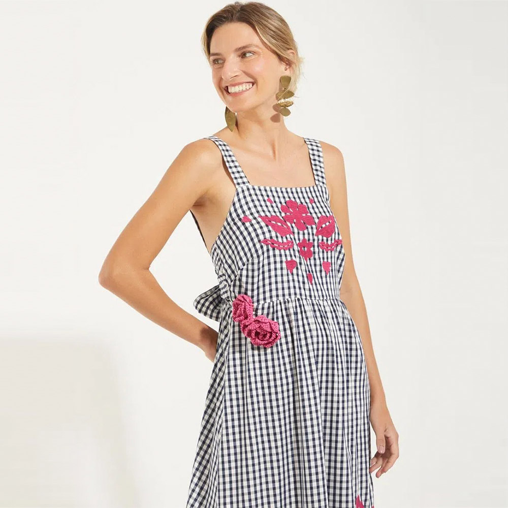 Vestido Viscose Vichy Com Bordado Canto  - Foto 1