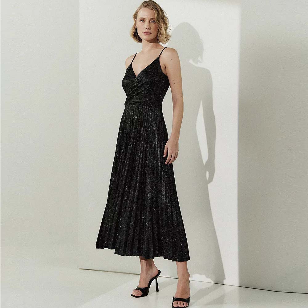 Vestido Plissado Preto Com Brilho MX Fashion - Foto 1