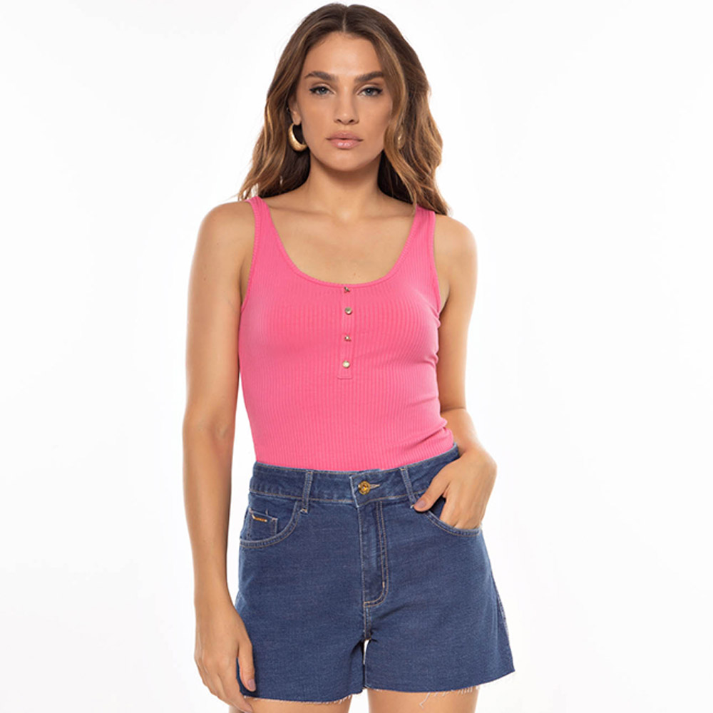 Blusa Regata Canelada Cor Pink Flor de Lis - Foto 1