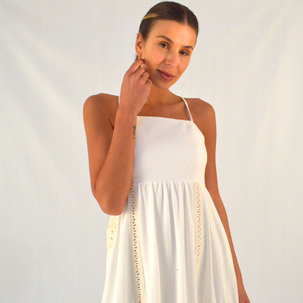 Vestido Midi Linho Aplicao Croch Canto  - Foto 2