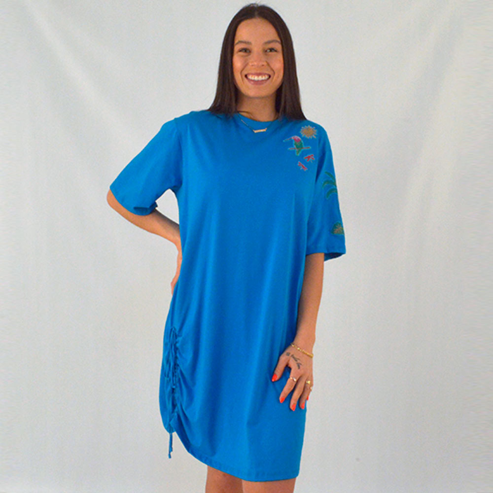 Vestido Bordado Em Malha Com Amarrao Barra Cor Azul Lez a Lez  - Foto 1