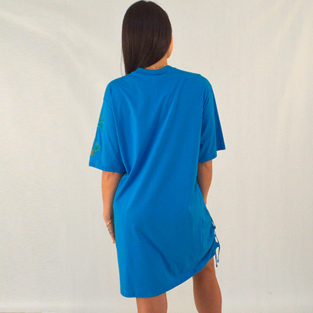 Vestido Bordado Em Malha Com Amarrao Barra Cor Azul Lez a Lez  - Foto 3