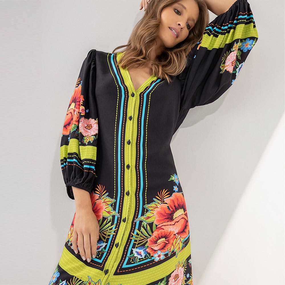 Vestido Midi Chemise Estampado Preto Com Cinto Lez a Lez  - Foto 1