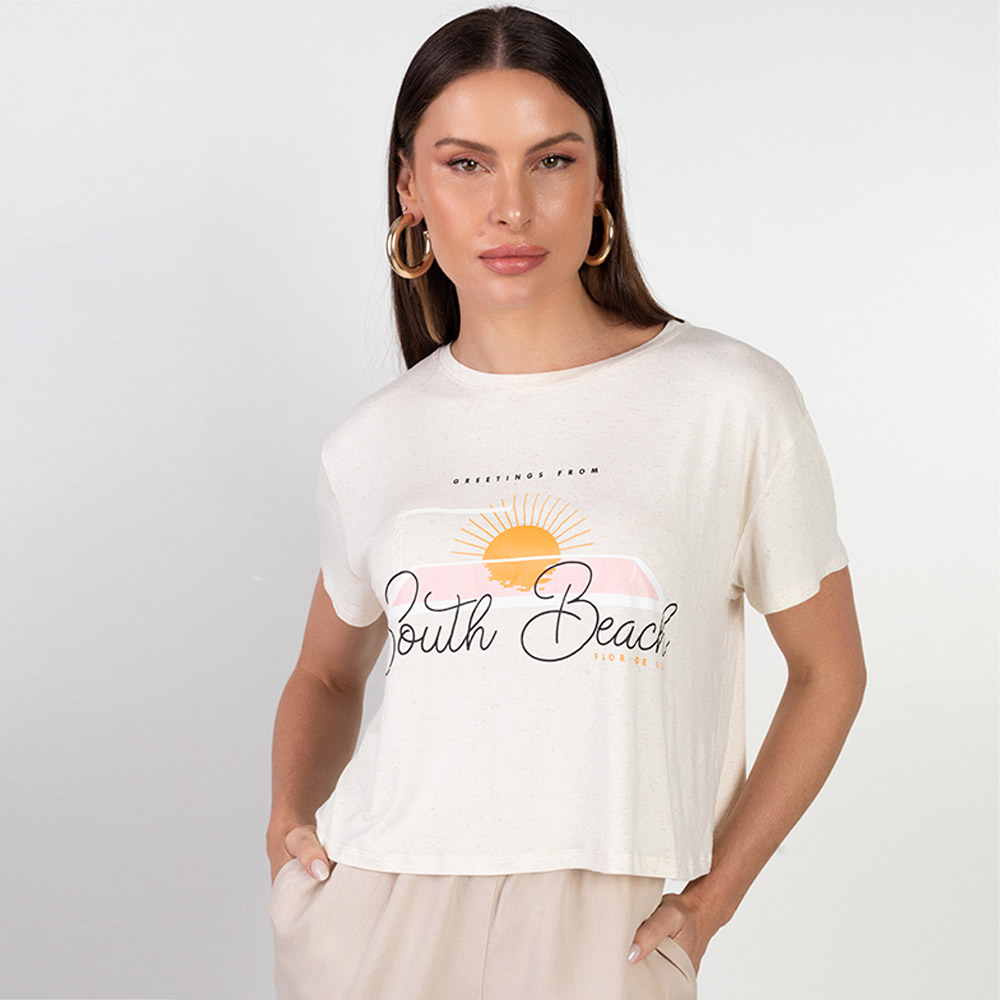 Blusa T-shirt Cropped Cor Cru Flor de Lis  - Foto 1