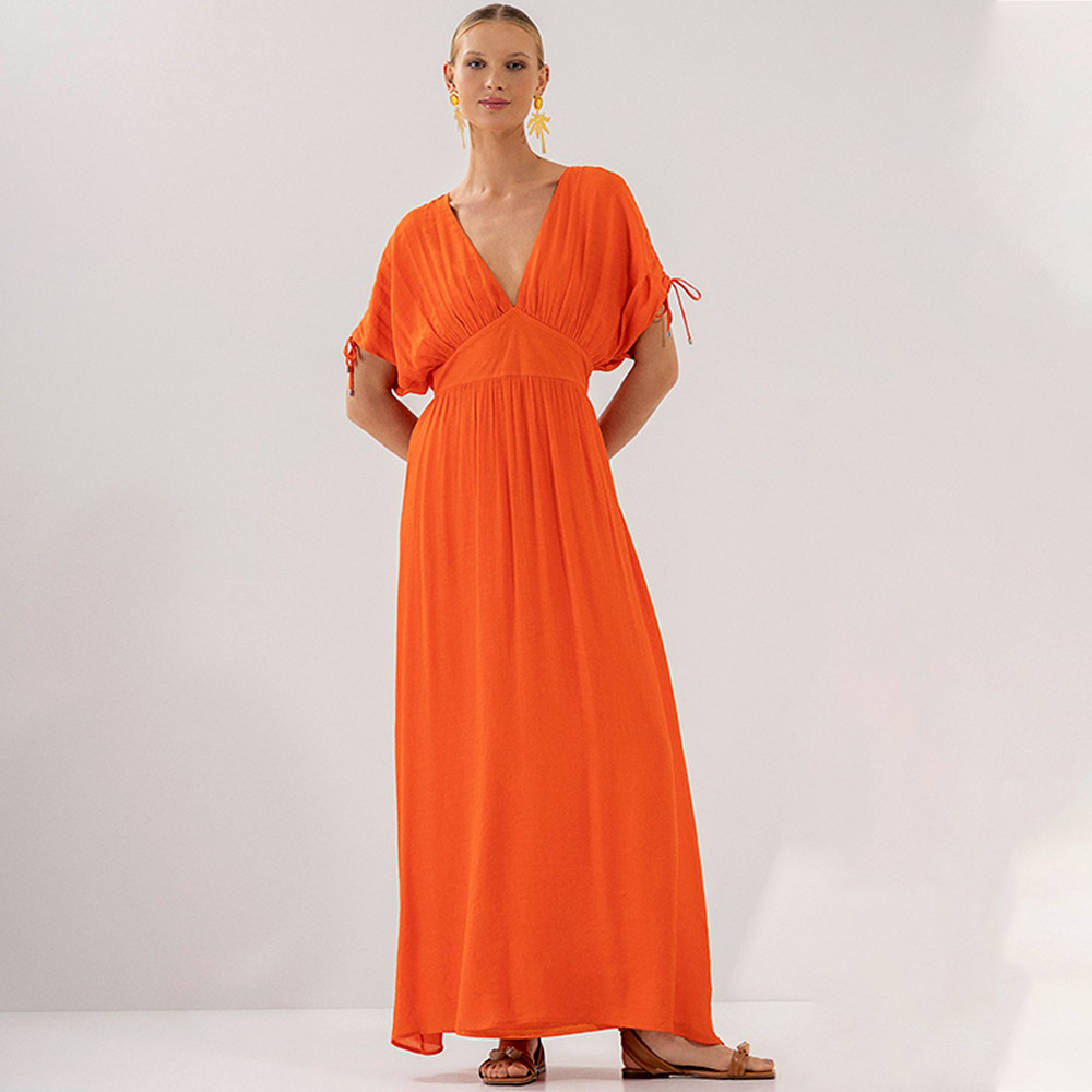 Vestido Midi em Shantung com Amarrao Ombros Cor Laranja Lez a Lez  - Foto 2