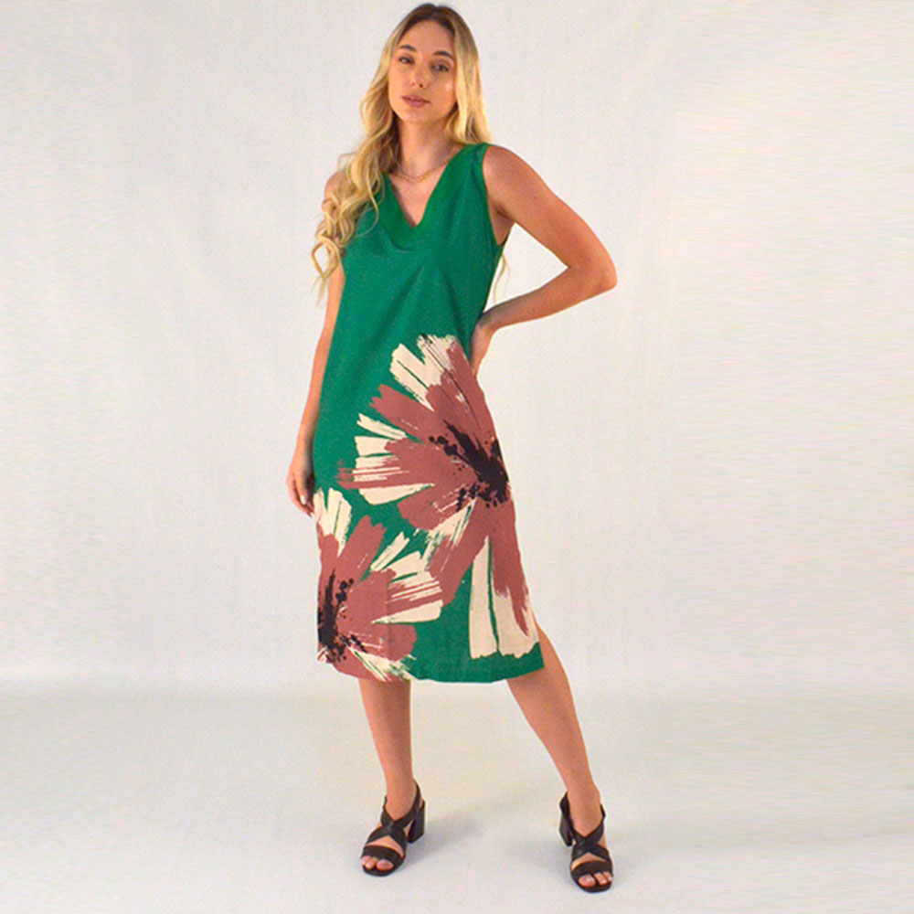 Vestido Midi Chiffon Verde Estampado Na Frente Gatos e Atos - Foto 1