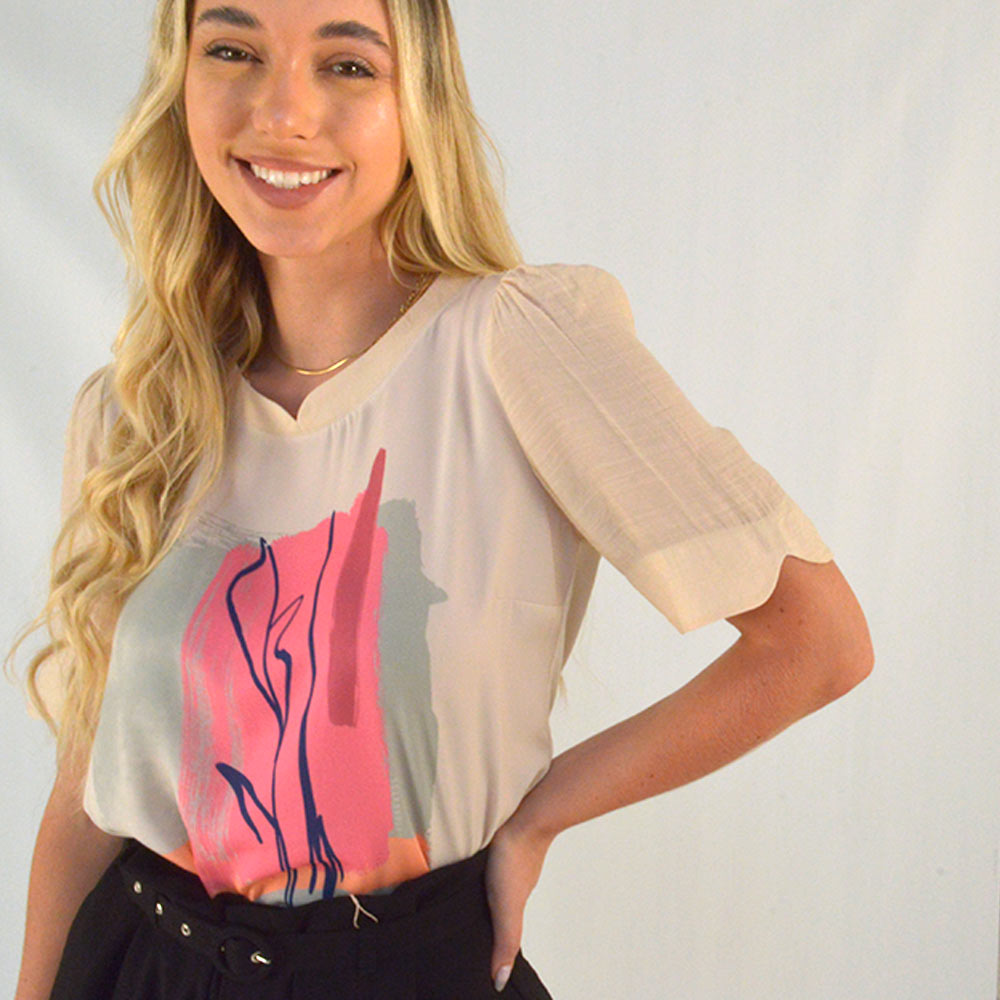 Blusa Gatos e Atos Viscose Estampa Bege Frente  - Foto 1