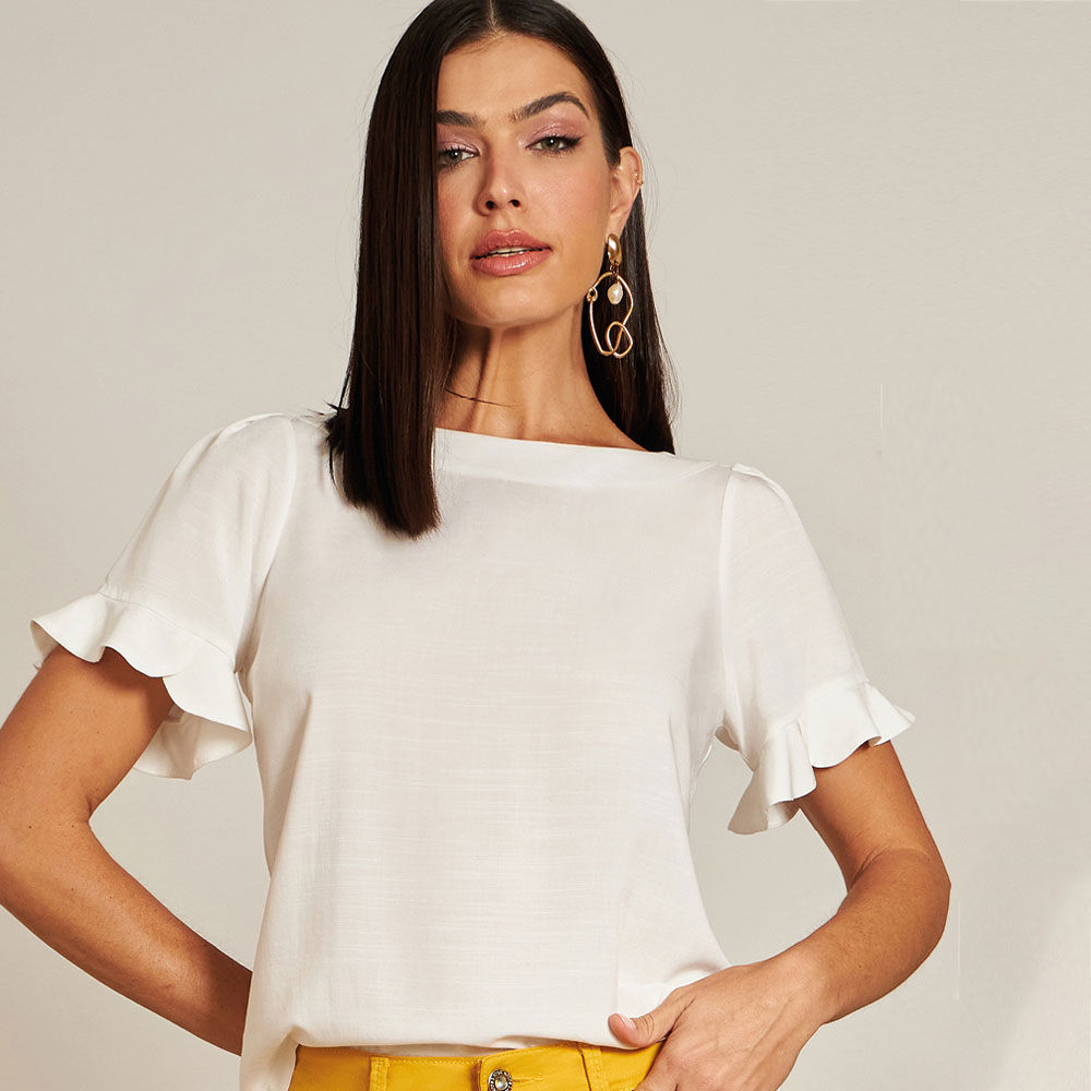 Blusa Gatos e Atos Viscose Babado Mangas Off White - Foto 2