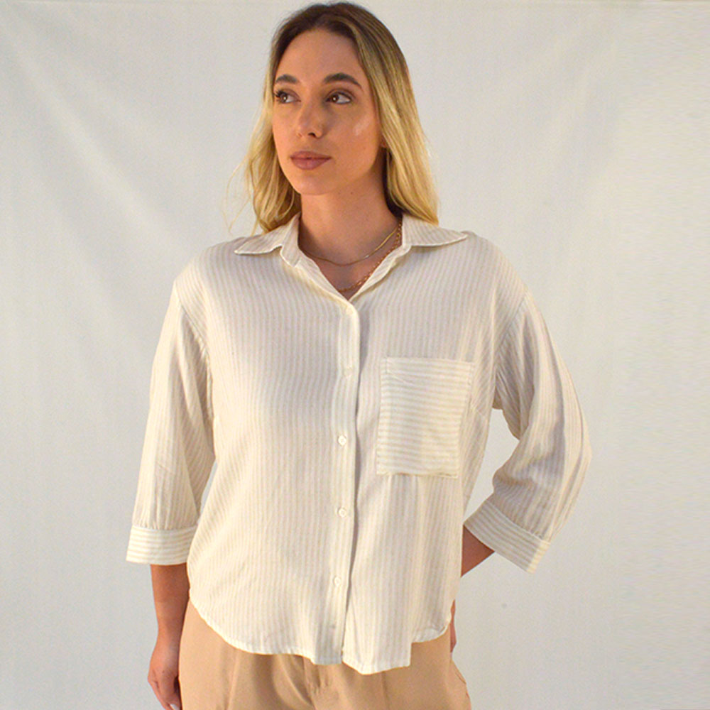 Camisa Listrada Viscose Gatos e Atos Bege - Foto 1