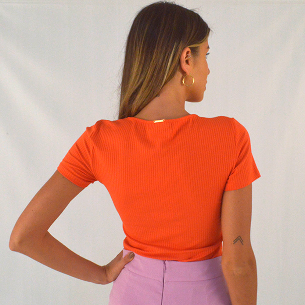 Blusa Canelada Cor Tangerina Flor de Lis Viscolycra  - Foto 2