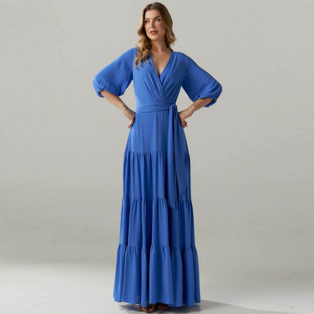 Vestido Longo Crepe Transpassado Saia Franzida Azul Innocence - Foto 4