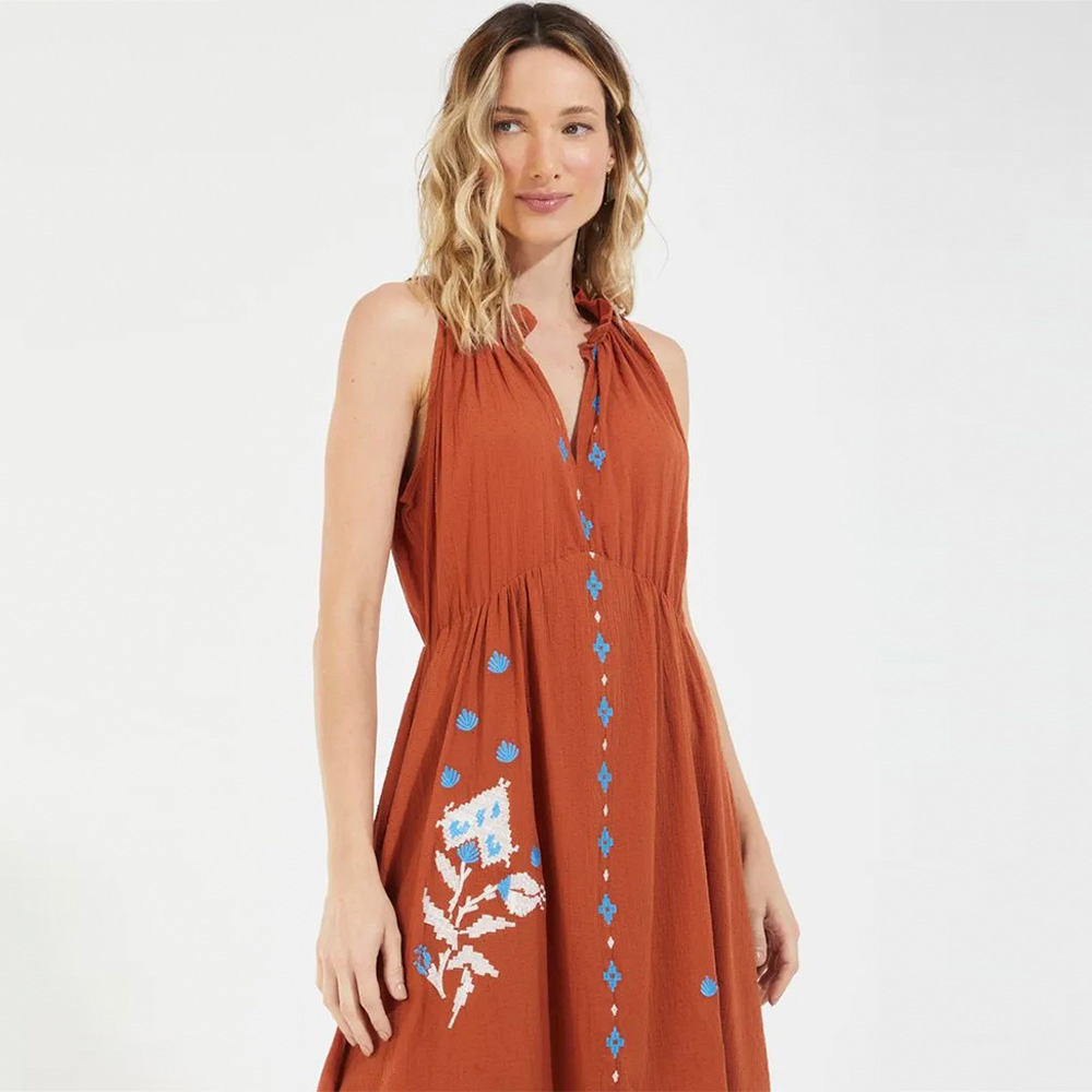 Vestido Midi De Algodo Enrugado Po Cor Canela Canto  - Foto 1