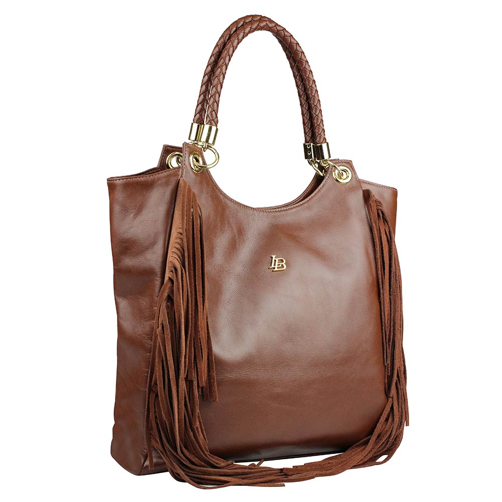 Bolsa Couro Franjas Cor Cacau Ala Tranada Linea Bella  - Foto 1
