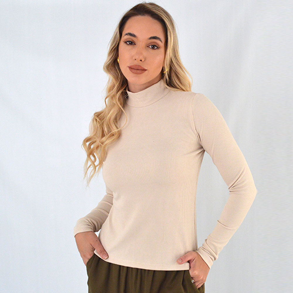 HOUGA ニットブルマ Blusa Canelada Manga Longa Susan Zheng Cor Bege - Pole Modas