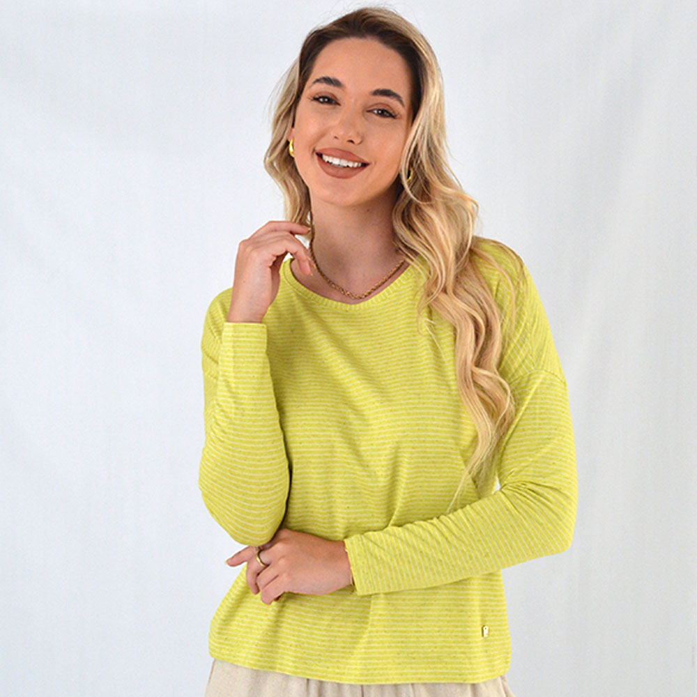 Blusa Viscolinho Maquinetado Amarelo Listrado Gatos e Atos - Foto 1