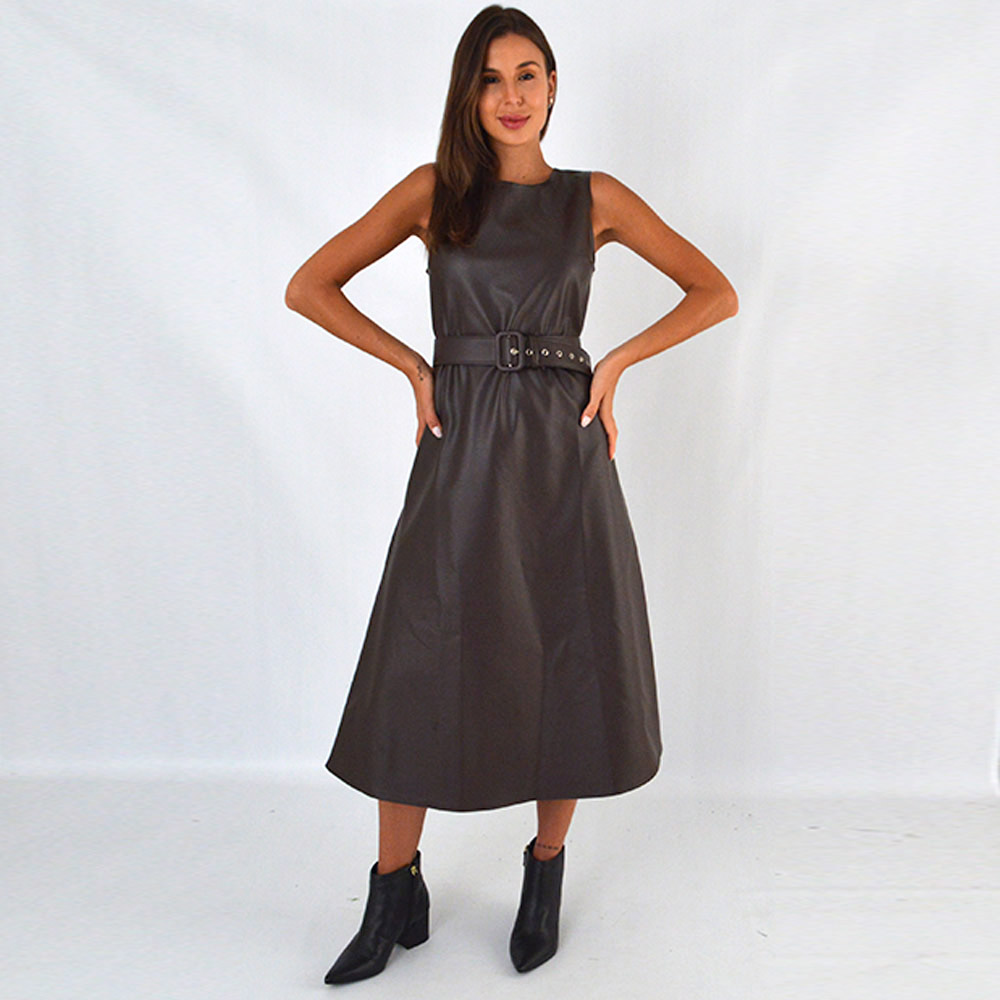 Vestido Midi Pu Cor Marrom Emprio B - Foto 1