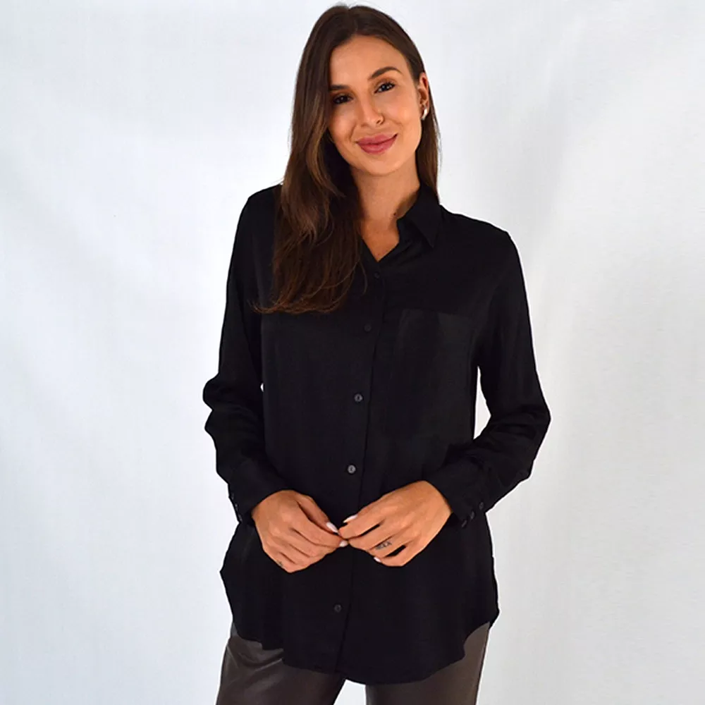 Camisa Viscose Acetinada Preta Cantão - Foto 1
