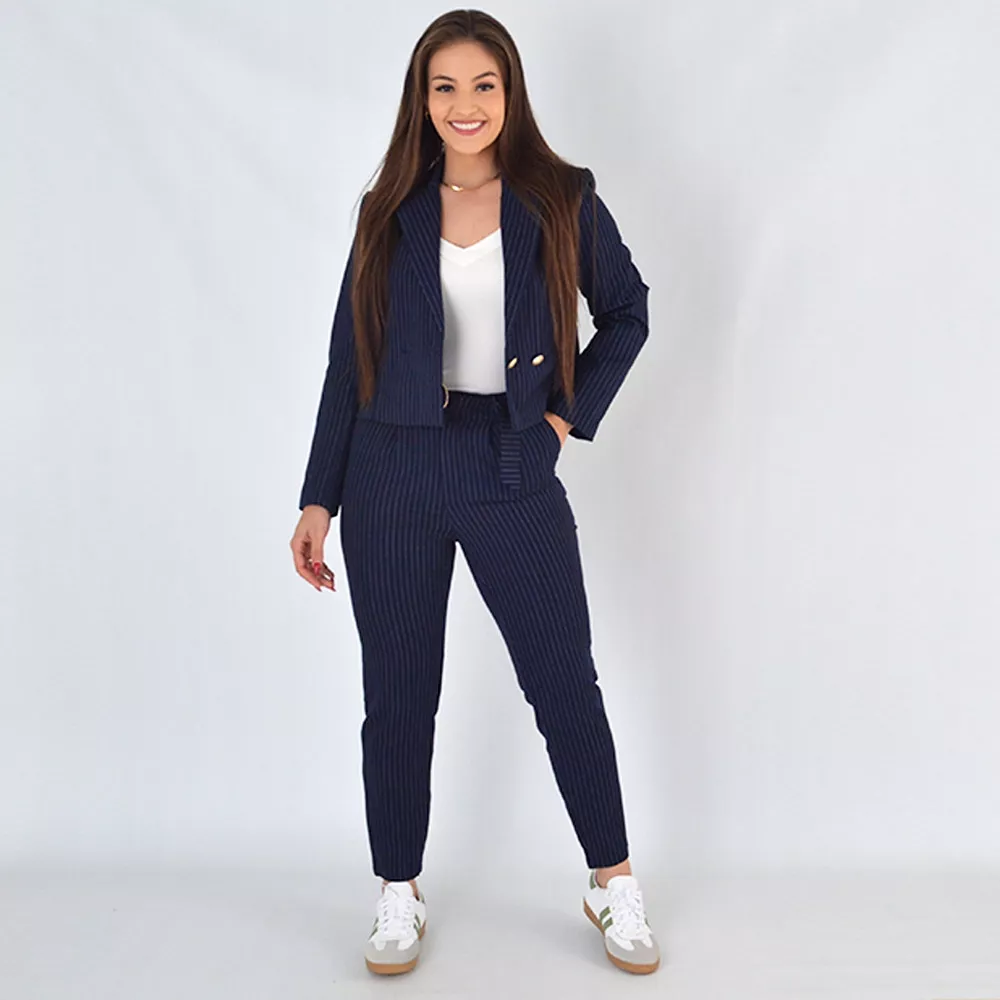Conjunto Alfaiataria Risca de Giz Marinho Flor de Lis - Foto 1