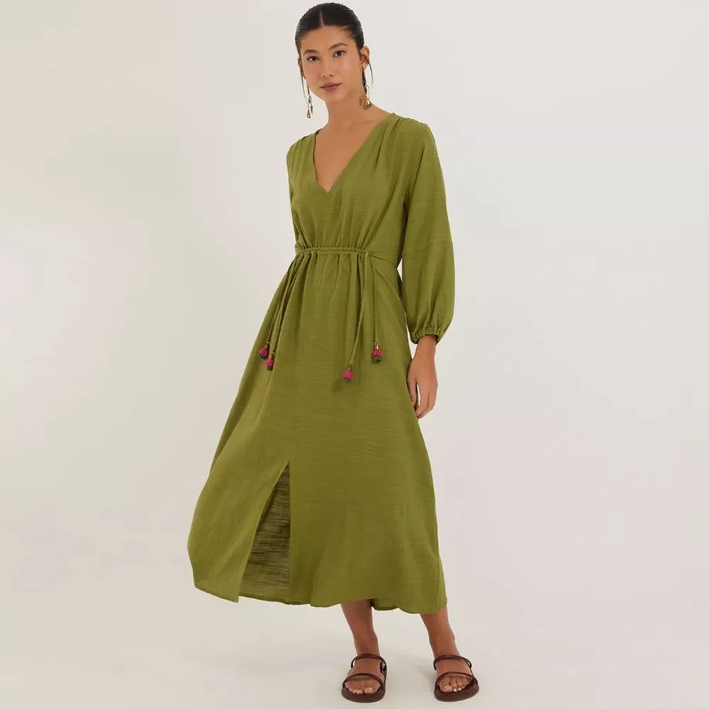 Vestido Midi Viscose Texturizada Verde Cantão - Foto 1