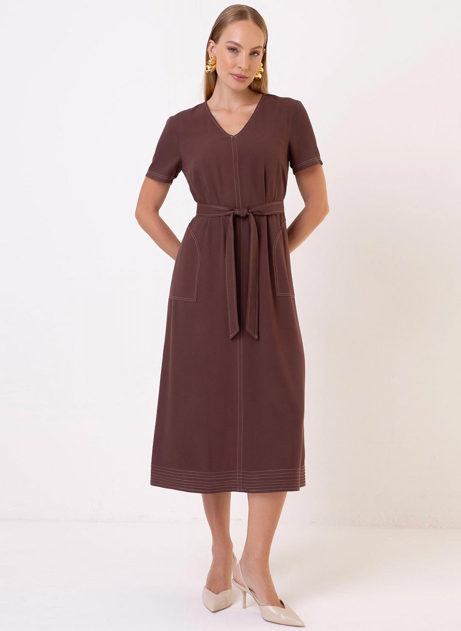 Vestido Midi Piquet Pesponto Marrom Seiki - Foto 2