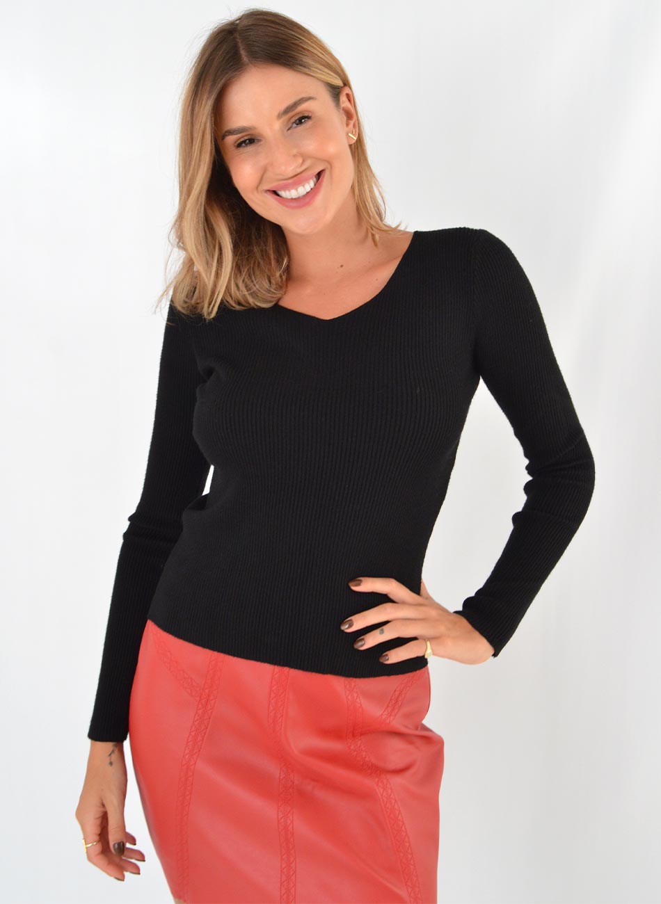 Blusa Blusa Fio de Cachemir Canelada Preto Susan Zheng  - Foto 1