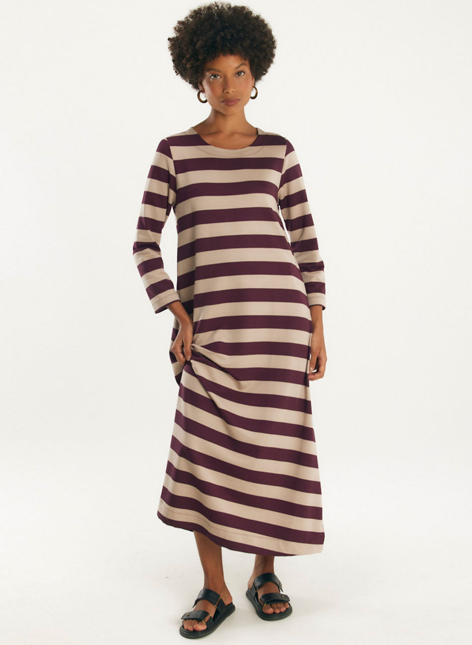 Vestido Longo Listrado Areia e Beringela Canto - Foto 2