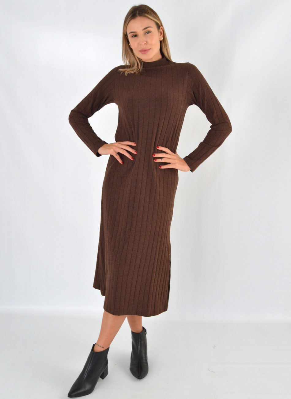 Vestido Canelado Marrom Delamo - Foto 1