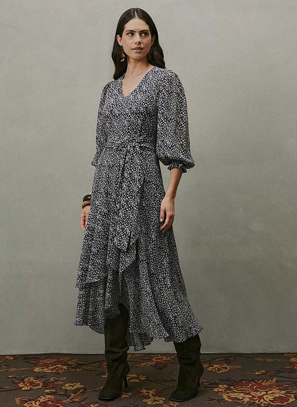 Vestido Midi Crepe Estampado Marinho MX Fashion - Foto 1