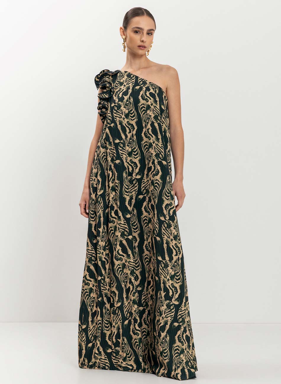 Vestido Longo Um Ombro S Estampa Zebra Plisse Verde Lez a lez - Foto 1