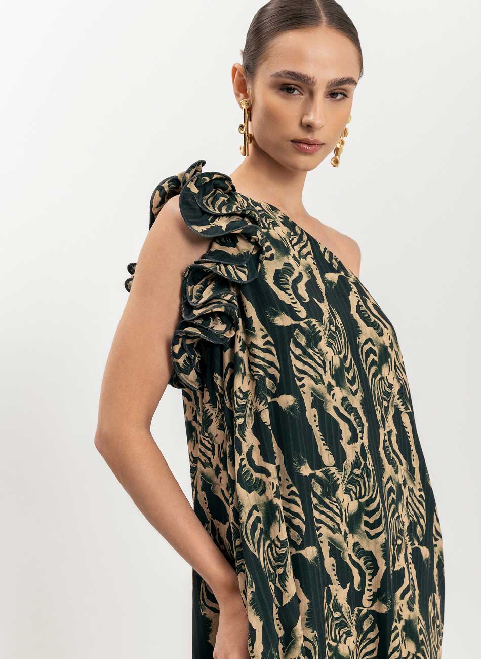 Vestido Longo Um Ombro S Estampa Zebra Plisse Verde Lez a lez - Foto 2