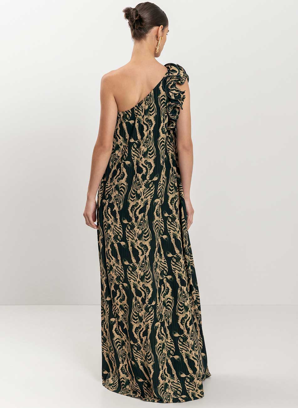 Vestido Longo Um Ombro S Estampa Zebra Plisse Verde Lez a lez - Foto 3