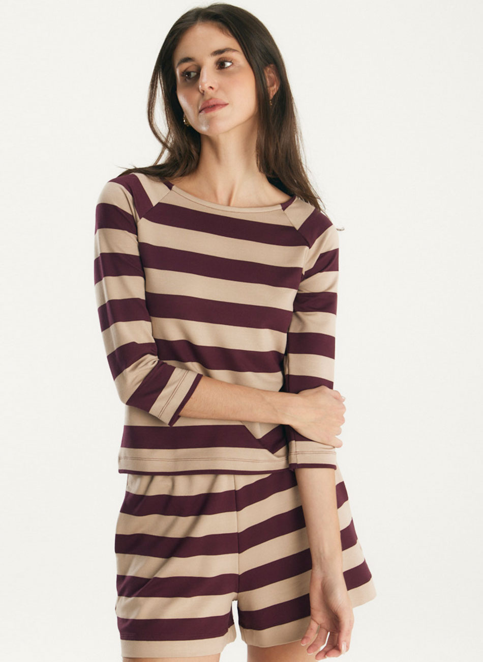 Blusa Malha Listrada Areia e Beringela Canto - Foto 1