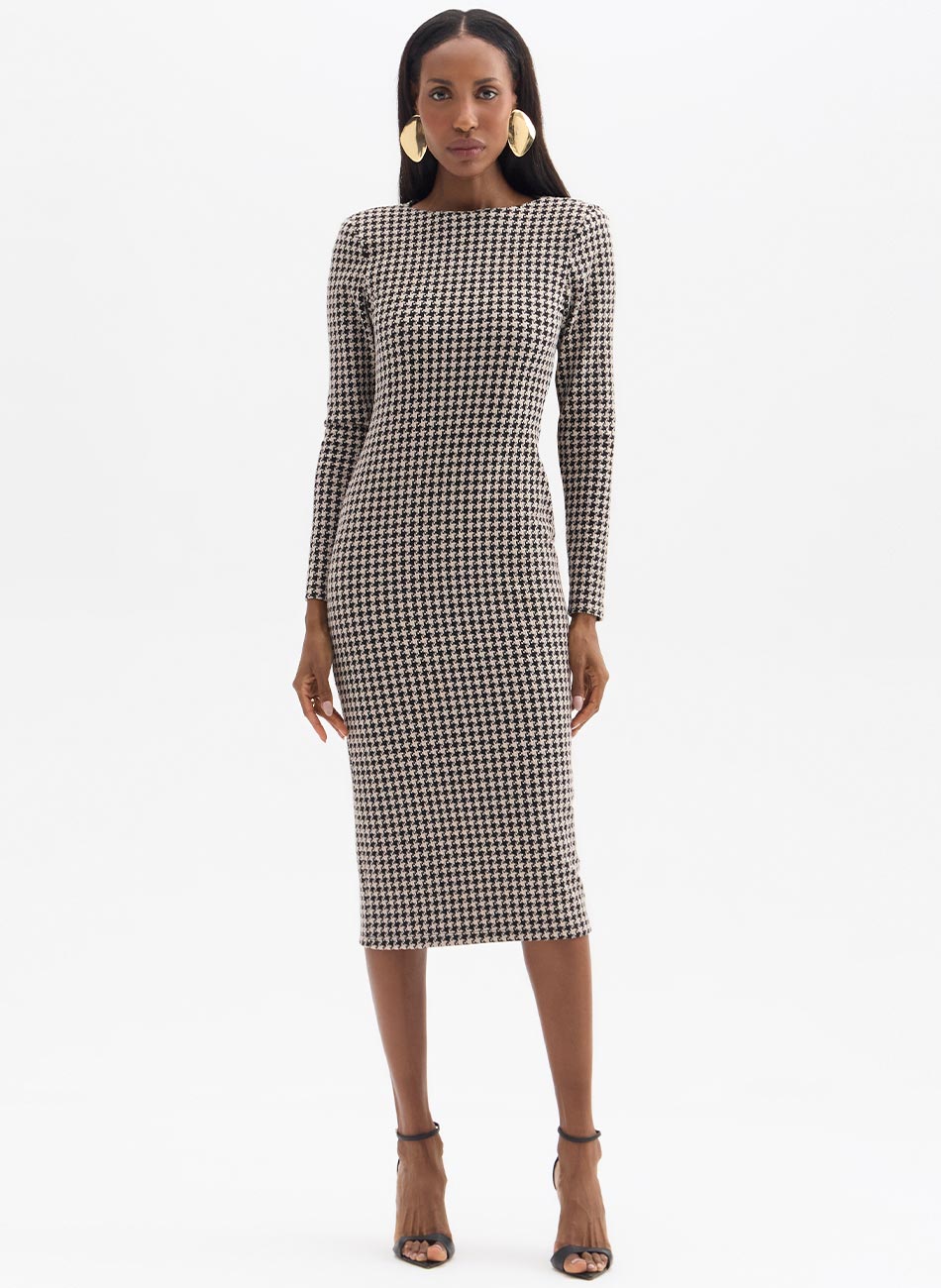 Vestido Justo Maxi Midi Tweed Pied Poule Flor de Lis - Foto 1