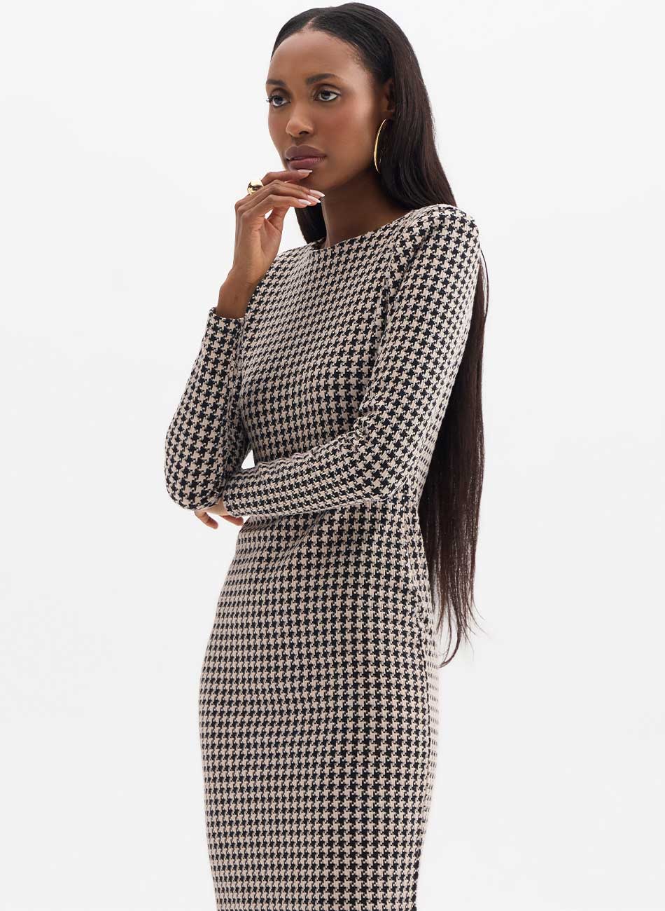 Vestido Justo Maxi Midi Tweed Pied Poule Flor de Lis - Foto 3