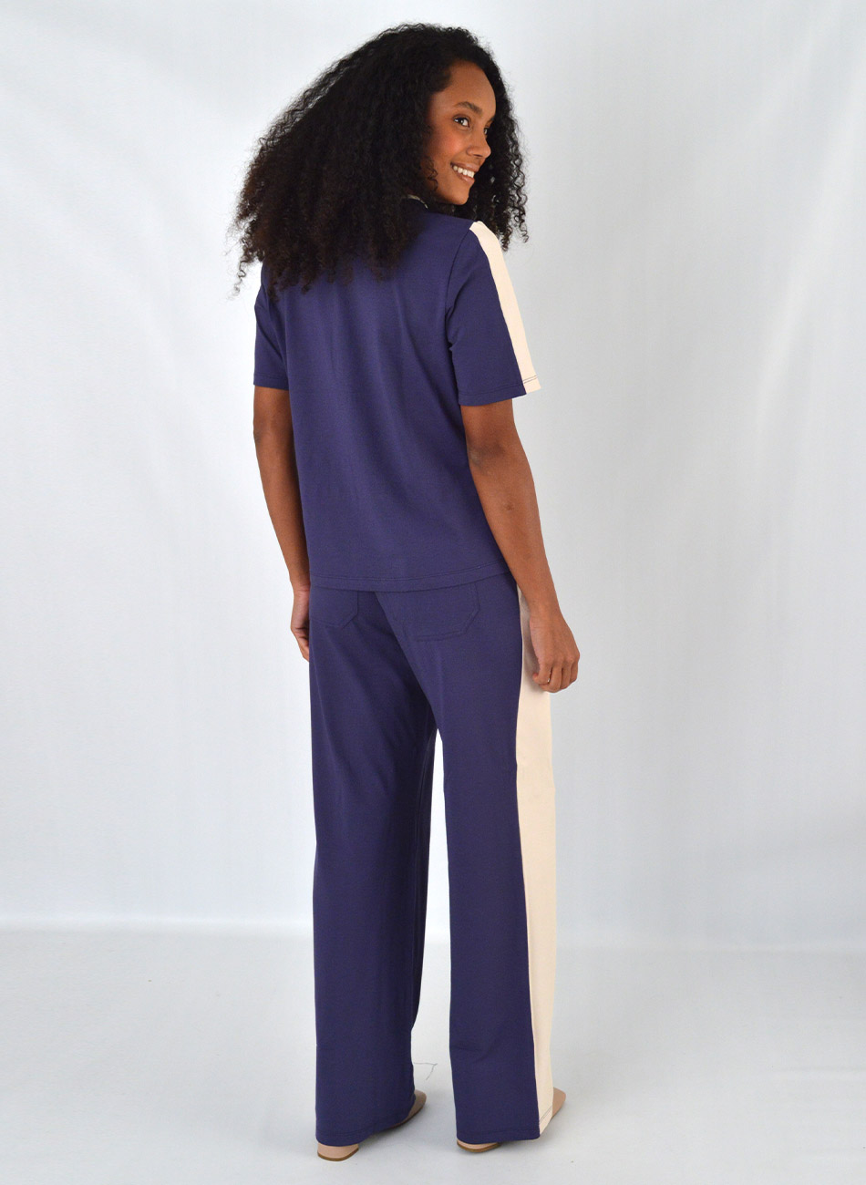 Conjunto Viscose Globe Azul Marinho Detalhes em Off-White - Foto 2