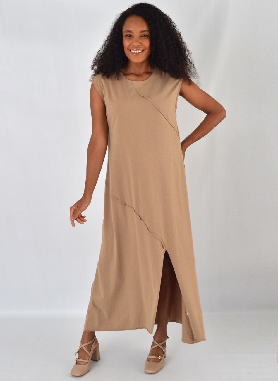 Vestido Regata Recortes Em Algod�o Caqui Cant�o - Foto 1