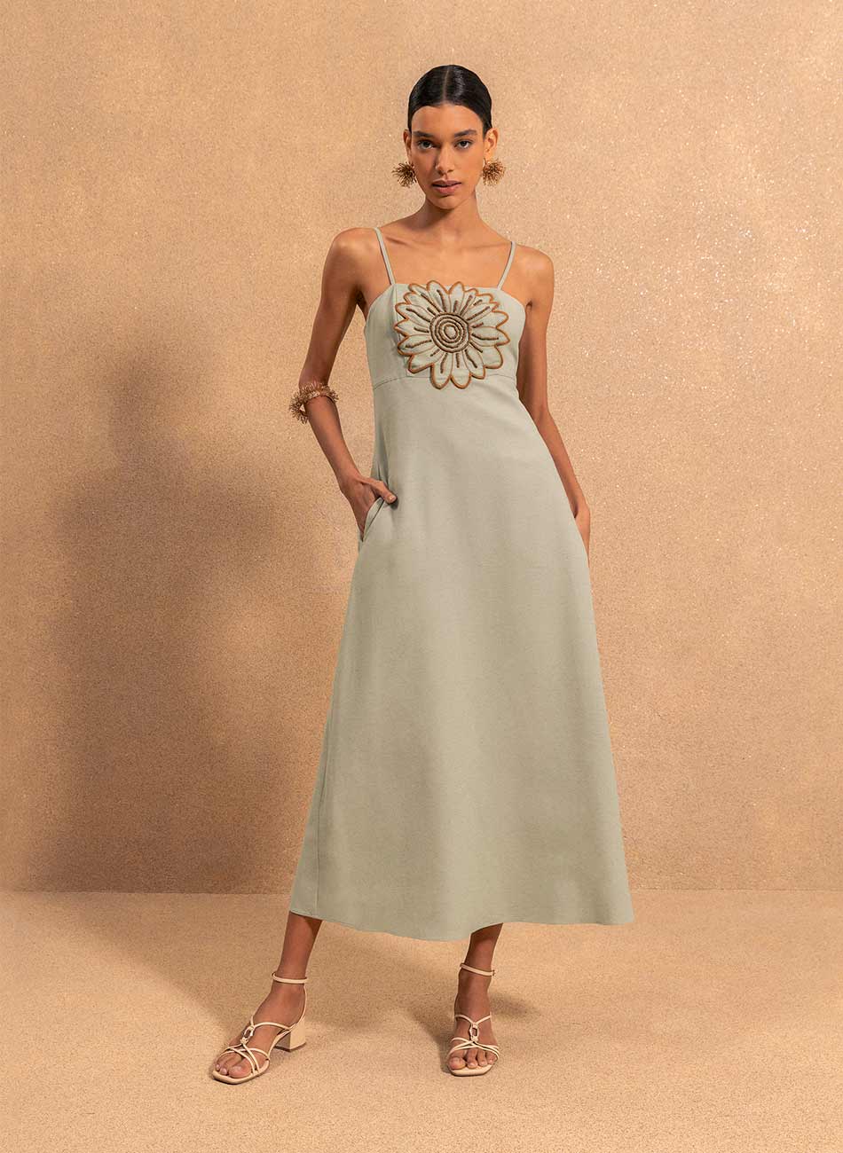 Vestido De Al�as Finas Com Maxi Flor e Decote Reto Lez a Lez - Foto 3